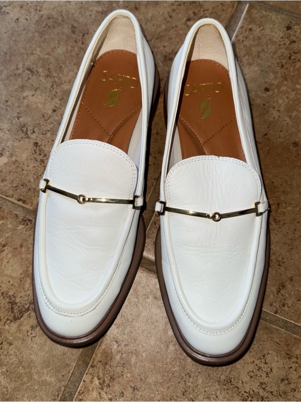 SARTO By Franco Sarto White Leather Women's Loafers with Gold Bit